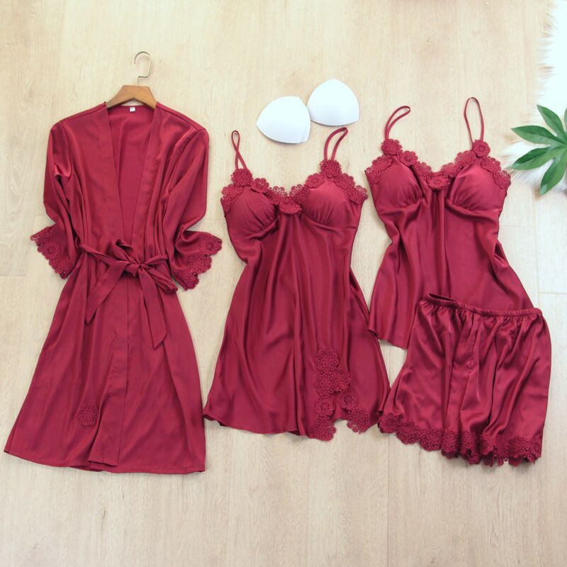 Midnight Bloom – Women’s Lace‑Trim Four‑Piece Satin Lingerie Set (5 Colors)