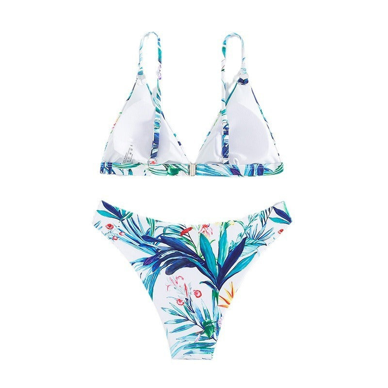 Coastal Bloom – Women's Floral Triangle Bikini in White & Blue
