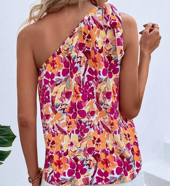 Rosé Allure One-Shoulder Floral Blouse – Soft Elegance in Full Bloom