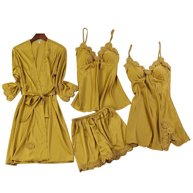 Midnight Bloom – Women’s Lace‑Trim Four‑Piece Satin Lingerie Set (5 Colors)