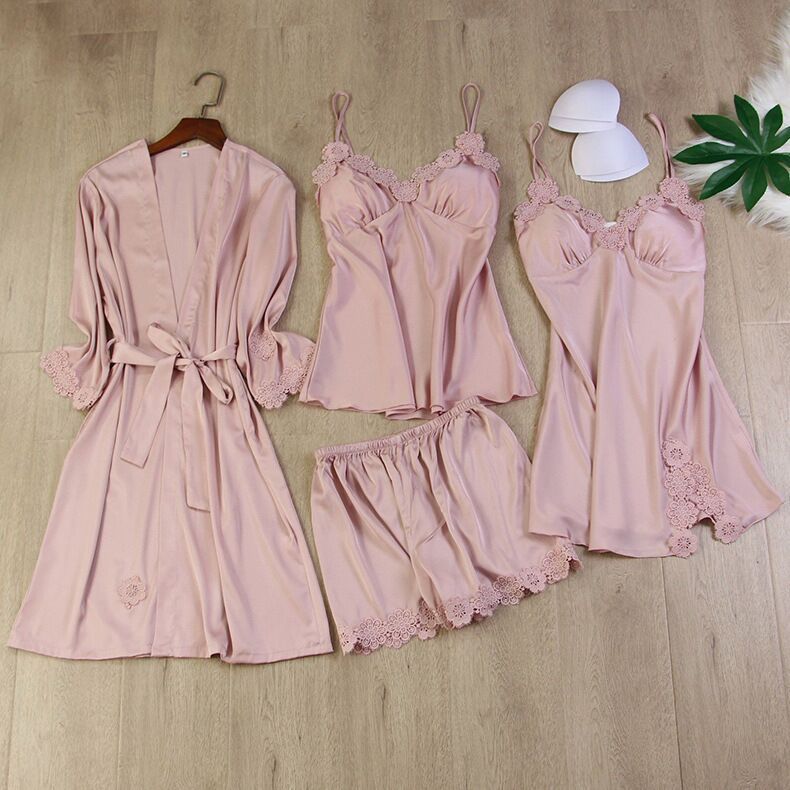 Midnight Bloom – Women’s Lace‑Trim Four‑Piece Satin Lingerie Set (5 Colors)