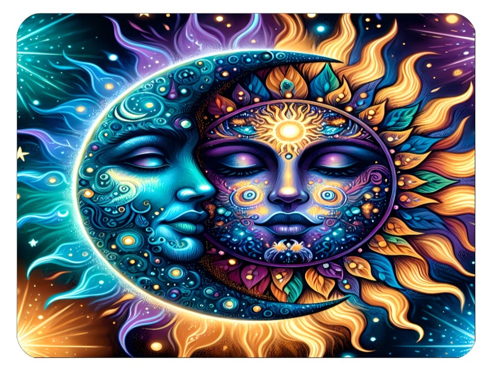 Mystical Sun and Moon Mousepad, 9 x 8 inches, Non-slip Base, Cosmic Fantasy Design, Purple and Blue