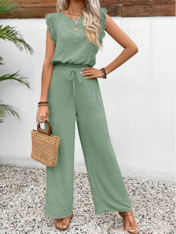Graceful Ease – Sleeveless Lace Trim Top & Wide-Leg Trousers Set