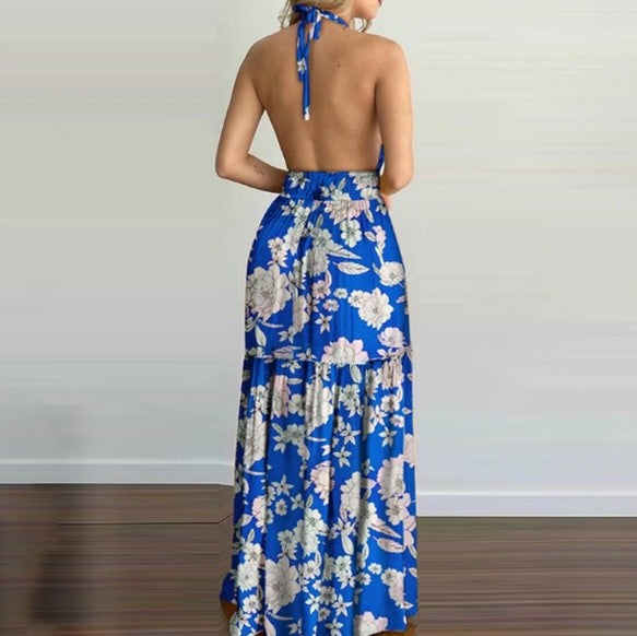 Tropical Romance Halter Neck Floral Maxi Dress – Backless Summer Elegance for Vacations & Beach Getaways