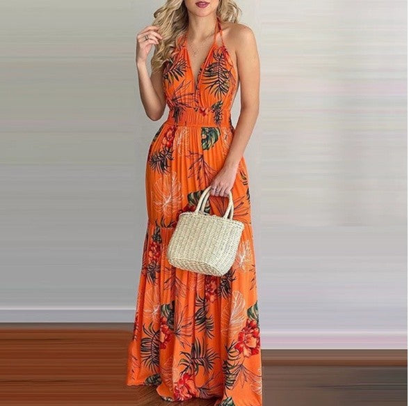 Tropical Romance Halter Neck Floral Maxi Dress – Backless Summer Elegance for Vacations & Beach Getaways