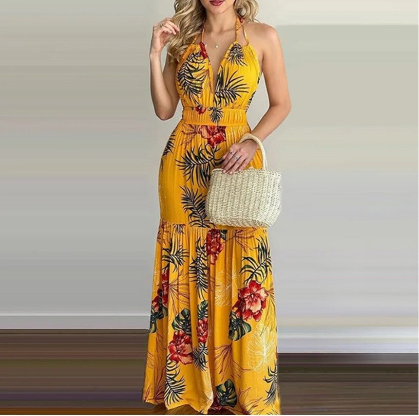 Tropical Romance Halter Neck Floral Maxi Dress – Backless Summer Elegance for Vacations & Beach Getaways