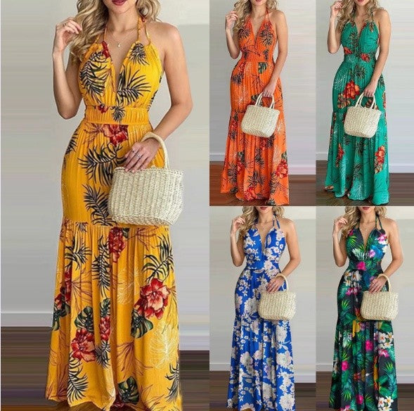 Tropical Romance Halter Neck Floral Maxi Dress – Backless Summer Elegance for Vacations & Beach Getaways