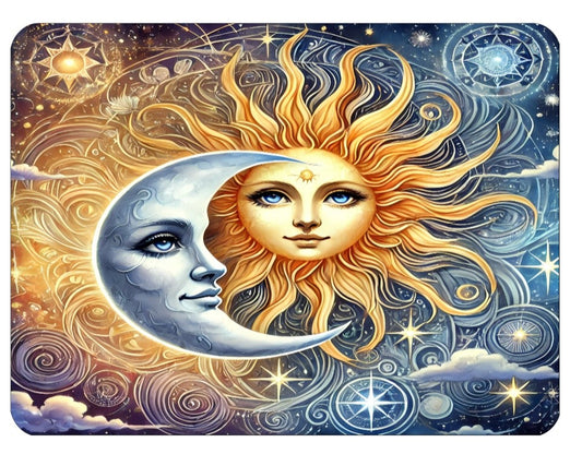 Celestial Sun and Moon Art Mouse Pad, Ethereal Galaxy Design, Stars and Swirls