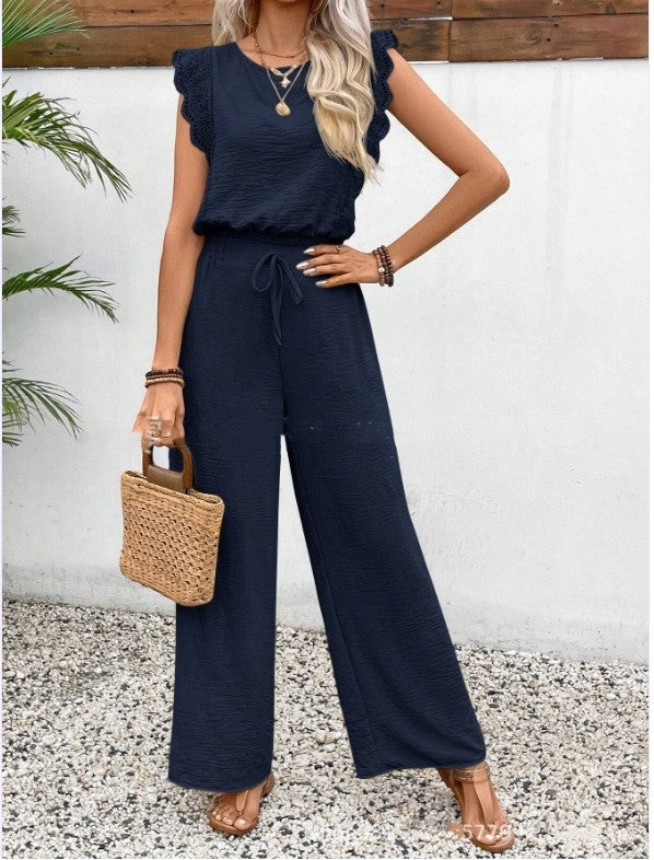 Graceful Ease – Sleeveless Lace Trim Top & Wide-Leg Trousers Set