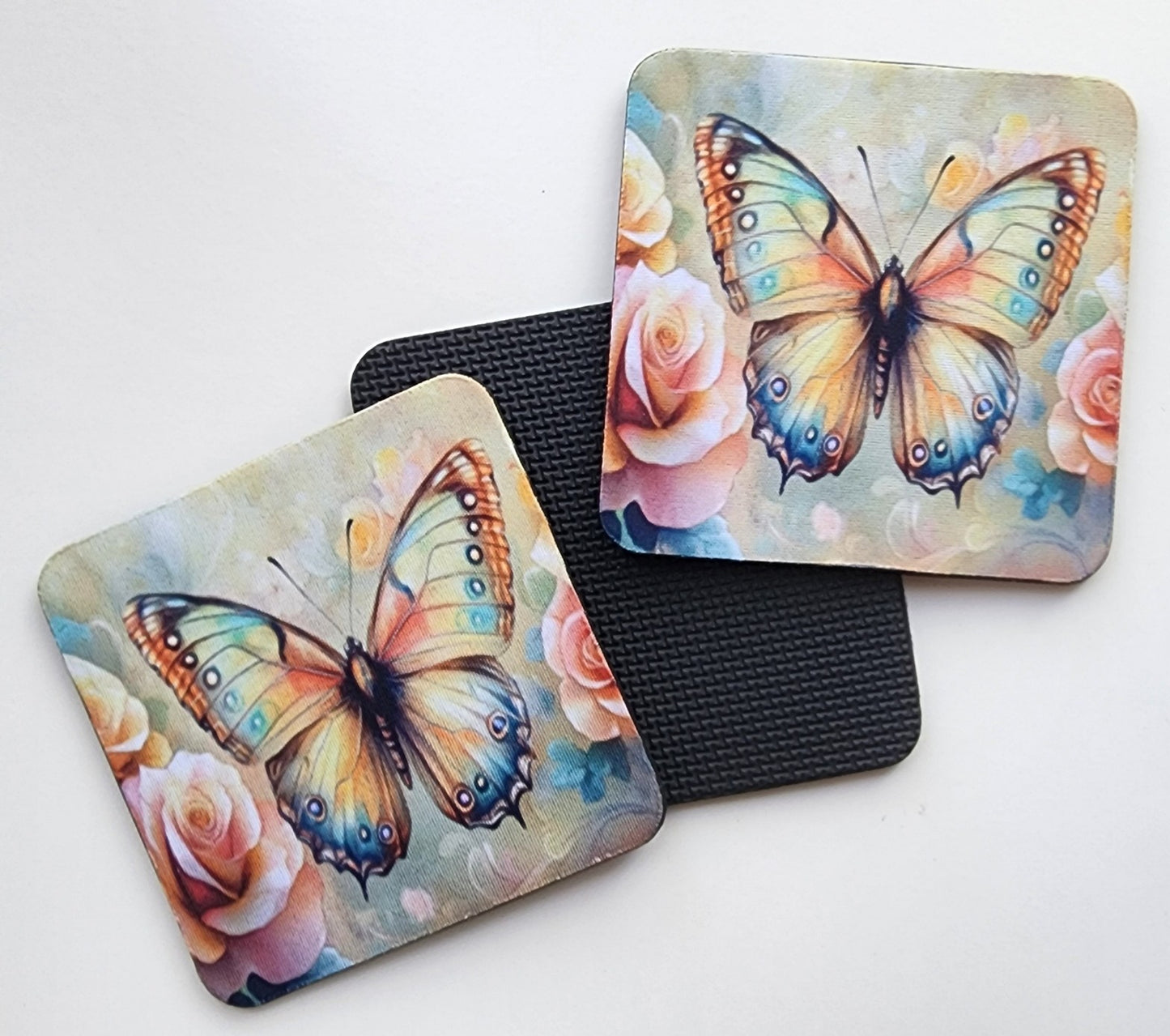 Decorative Drink Coasters, Yellow Butterfly w/ Pale Pink Roses Design, Set of 4