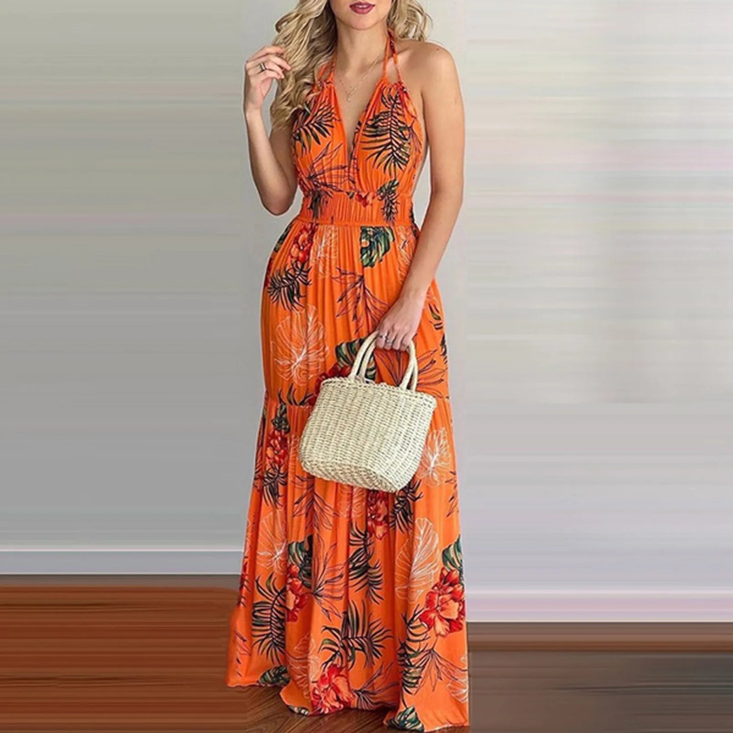 Tropical Romance Halter Neck Floral Maxi Dress – Backless Summer Elegance for Vacations & Beach Getaways