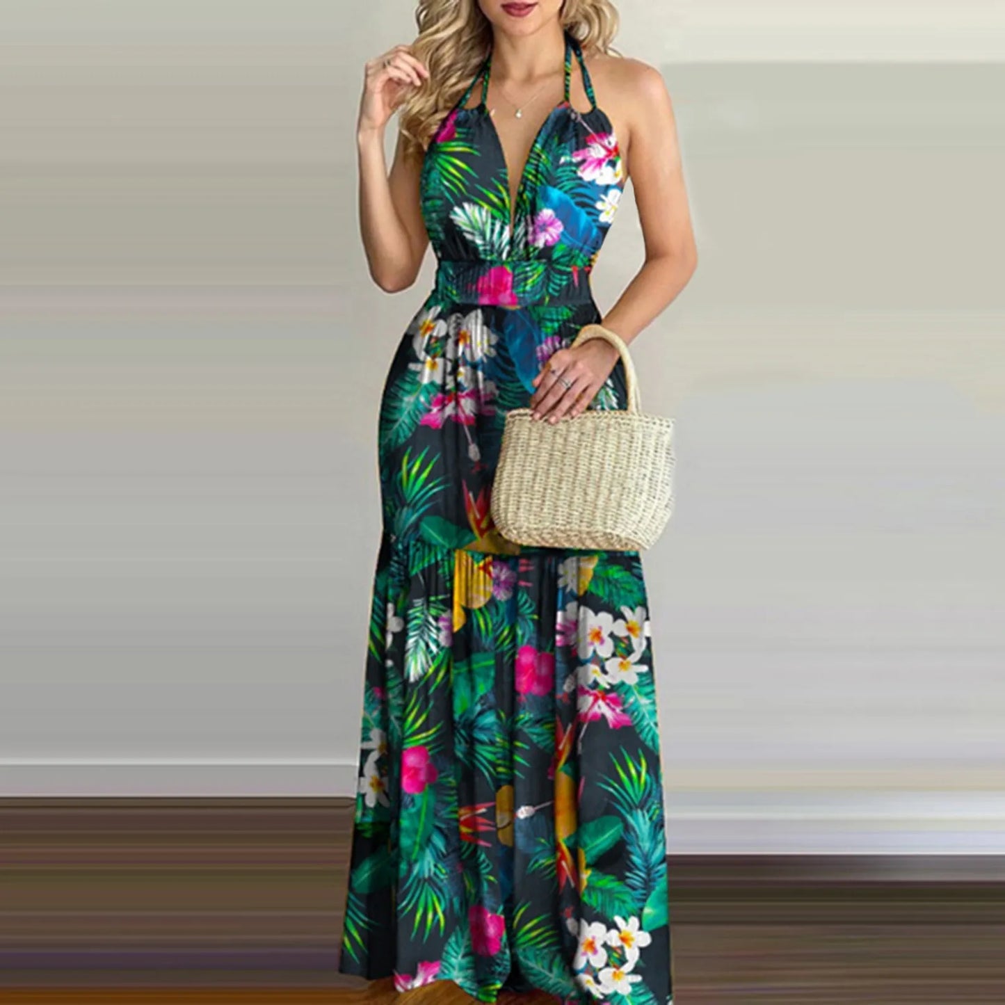 Tropical Romance Halter Neck Floral Maxi Dress – Backless Summer Elegance for Vacations & Beach Getaways