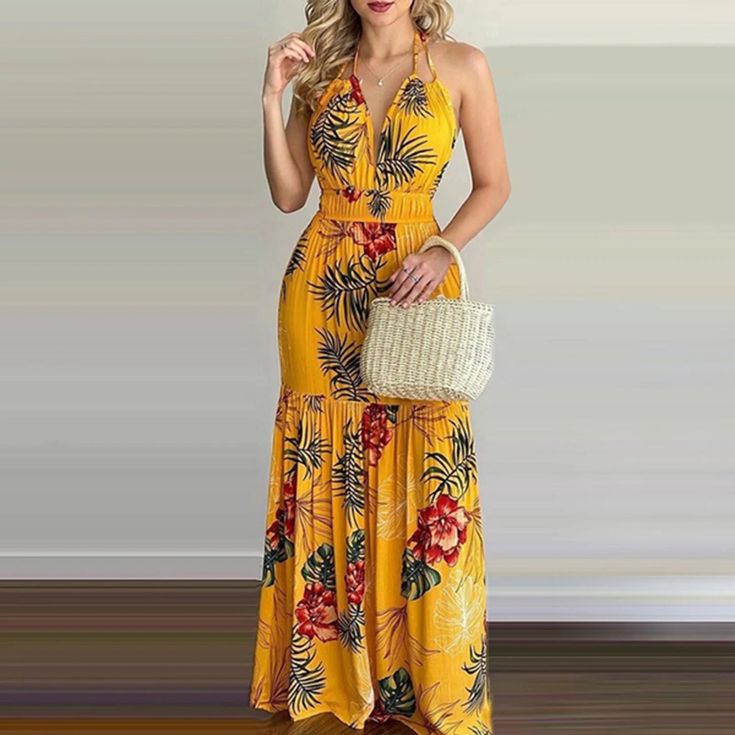 Tropical Romance Halter Neck Floral Maxi Dress – Backless Summer Elegance for Vacations & Beach Getaways