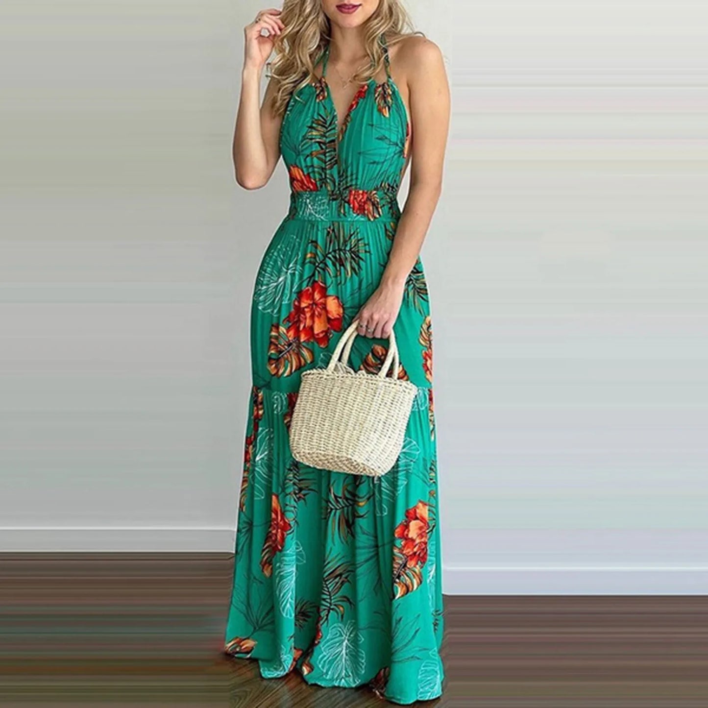 Tropical Romance Halter Neck Floral Maxi Dress – Backless Summer Elegance for Vacations & Beach Getaways