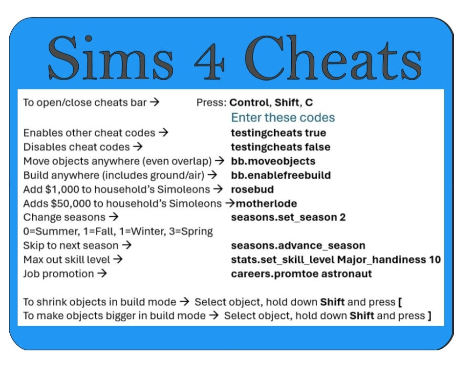 Gaming Mousepad with SIMS 4 Cheat Codes Reference Guide, Blue