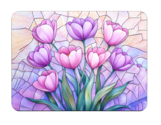 Decorative Tulip Floral Stained Glass Design Mouse Pad, Pink and Purple