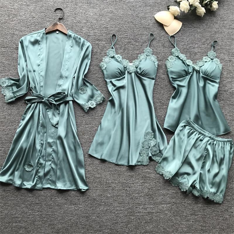 Midnight Bloom – Women’s Lace‑Trim Four‑Piece Satin Lingerie Set (5 Colors)