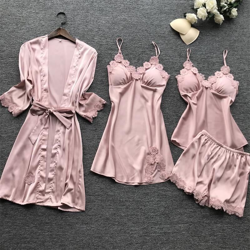 Midnight Bloom – Women’s Lace‑Trim Four‑Piece Satin Lingerie Set (5 Colors)