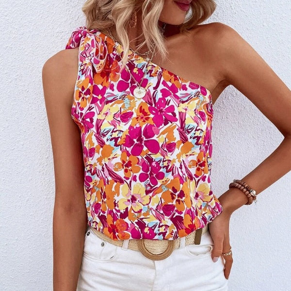 Rosé Allure One-Shoulder Floral Blouse – Soft Elegance in Full Bloom