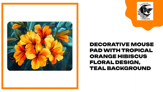 Decorative Mouse Pad with Tropical Orange Hibiscus Floral Design, Teal Background by@Outfy