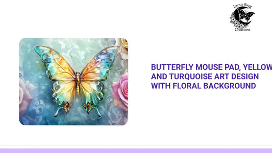 Butterfly Mouse Pad, Yellow and Turquoise Art Design with Floral Background by@Outfy