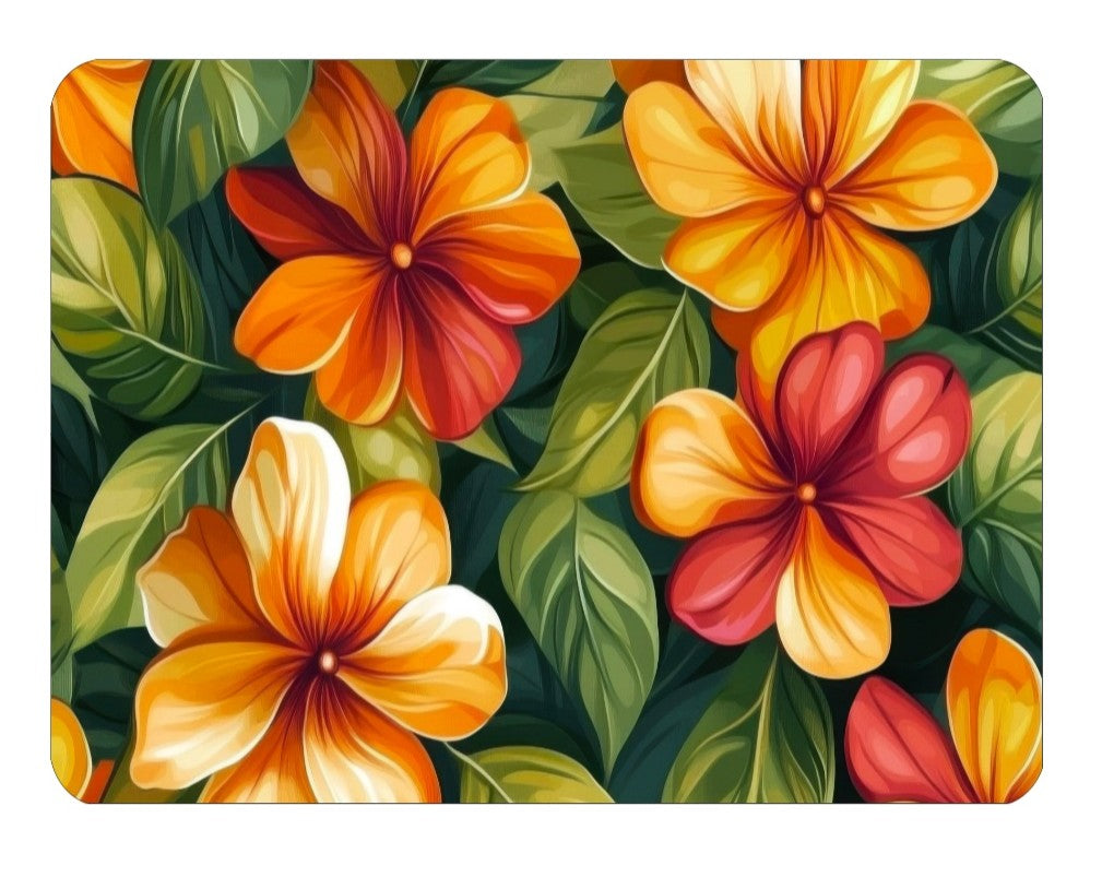 Tropical Floral Mouse Pad, Orange and Red Floral Design with Green Leaves