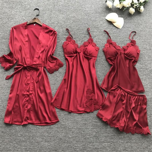 Midnight Bloom – Women’s Lace‑Trim Four‑Piece Satin Lingerie Set (5 Colors)
