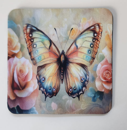 Decorative Drink Coasters, Yellow Butterfly w/ Pale Pink Roses Design, Set of 4