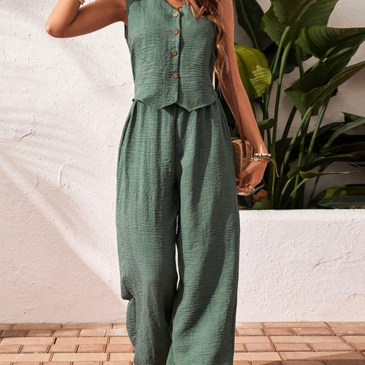 Effortless Grace – Women’s Solid Color Button-Up Vest & Wide-Leg Trousers Set