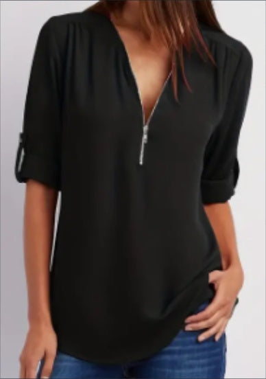 Effortless Elegance – Women's Half Zip V-Neck Casual Blouse