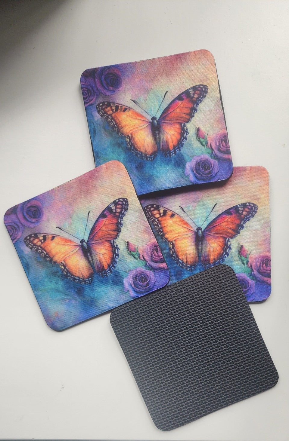 Decorative Butterfly Coasters with Purple Roses, Set of 4
