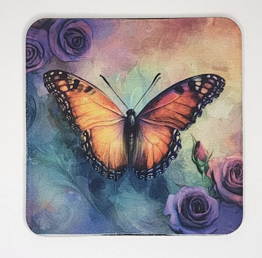 Decorative Butterfly Coasters with Purple Roses, Set of 4