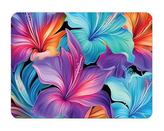 Decorative Mouse Pad with Vibrant Hibiscus Floral Design, Colorful Tropical Pattern, Purple and Blue
