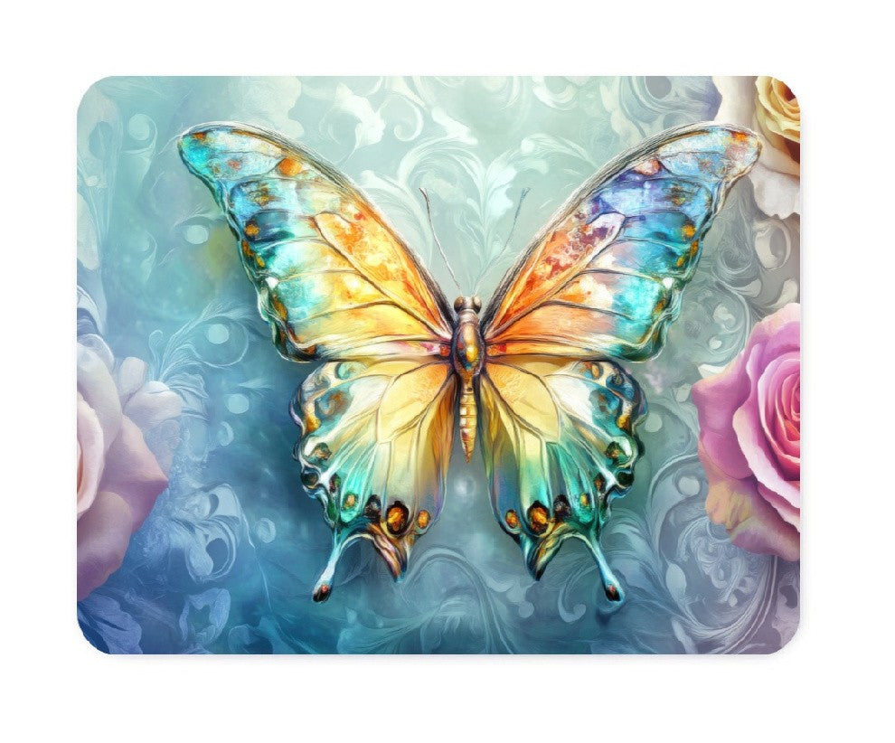 Butterfly Mouse Pad, Yellow and Turquoise Art Design with Floral Background