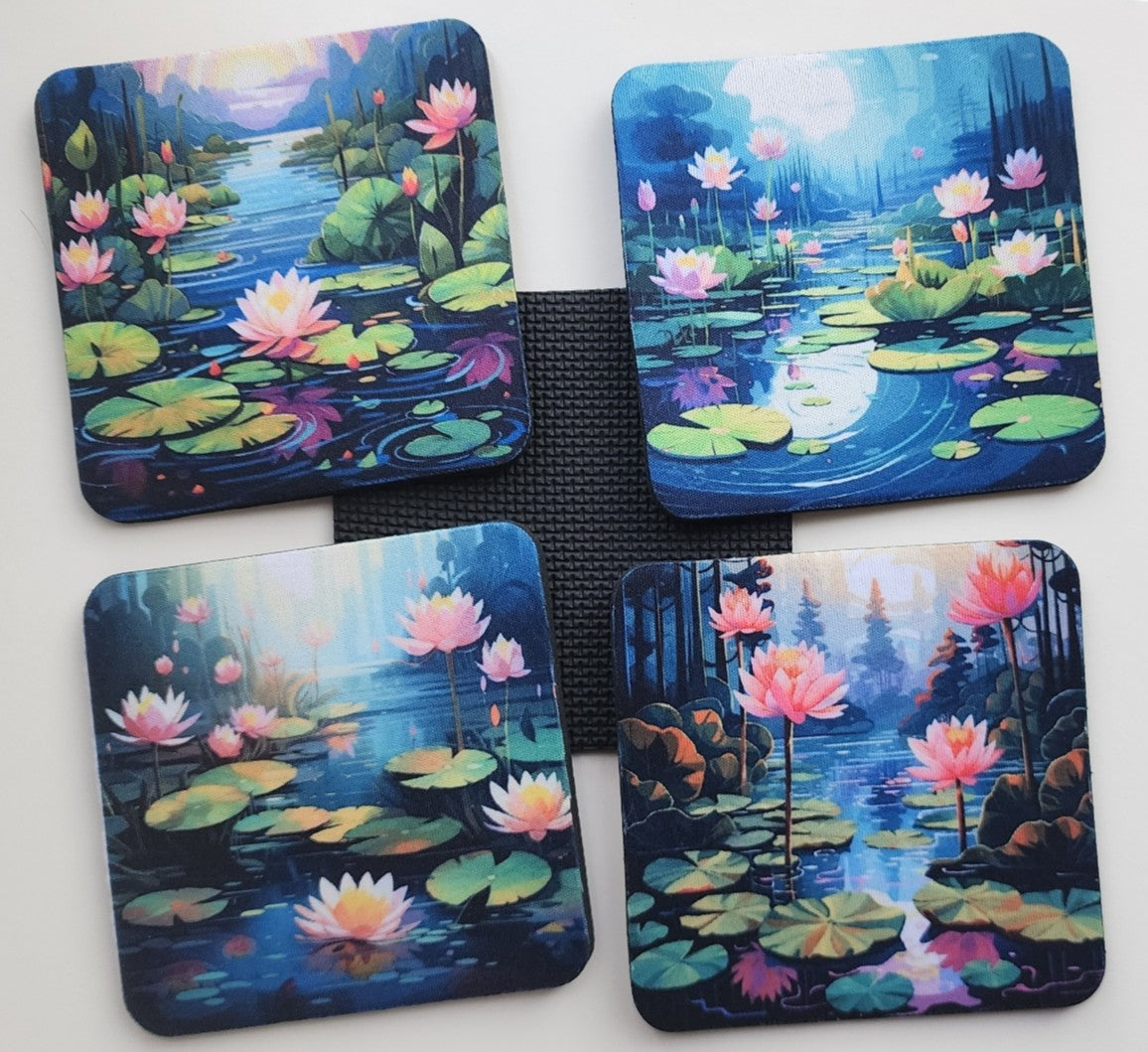 Decorative Drink Coasters, Lotus Pond Art Design, Set of 4
