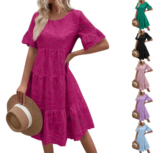 Women's Casual Boho Style Solid Lace Hollow Dress