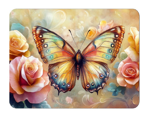 Decorative Butterfly Mouse Pad with Roses, Yellow and Pink Floral Design, Non-Slip