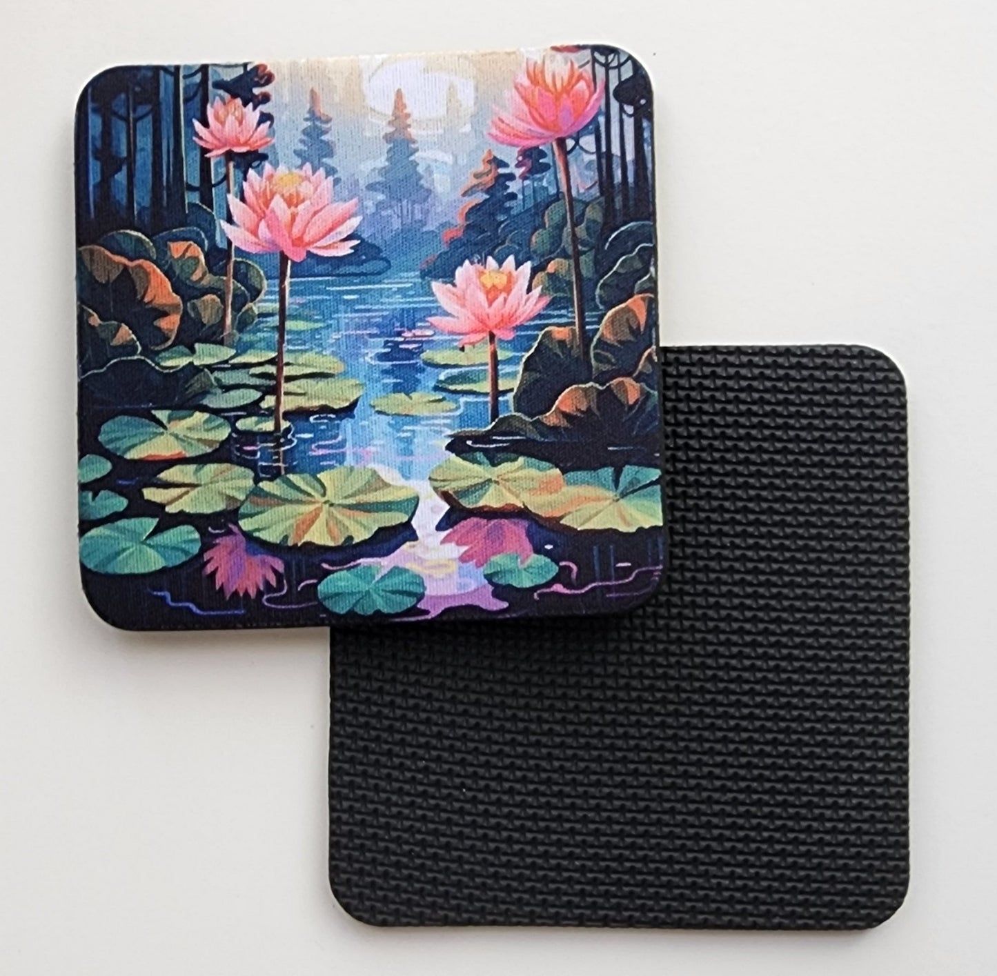 Decorative Drink Coasters, Lotus Pond Art Design, Set of 4