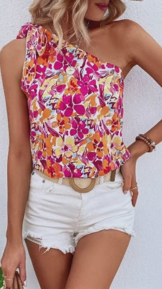 Rosé Allure One-Shoulder Floral Blouse – Soft Elegance in Full Bloom