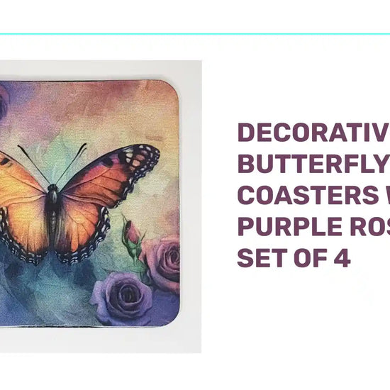 Decorative Butterfly Coasters with Purple Roses, Set of 4 by@Outfy
