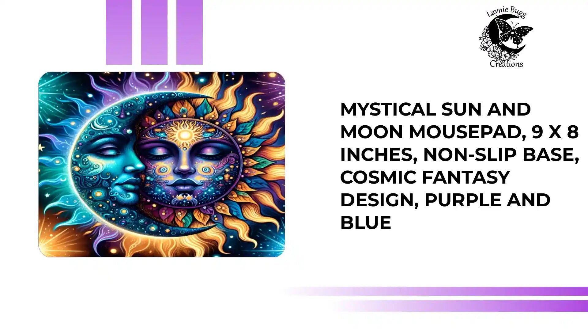 Mystical Sun and Moon Mousepad, 9 x 8 inches, Non-slip Base, Cosmic Fantasy Design, Purple and Blue by@Outfy