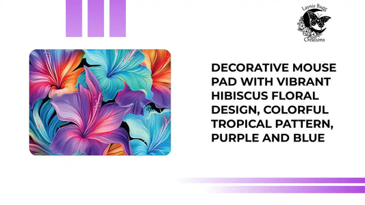 Decorative Mouse Pad with Vibrant Hibiscus Floral Design, Colorful Tropical Pattern, Purple and Blue by@Outfy